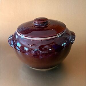 Vintage USA Pottery Brown Glazed Bean Pot with Lid Stoneware Casserole Dish 8in